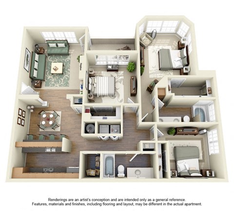 Floor plan for 3 beds, 2 baths, 1395 sqft